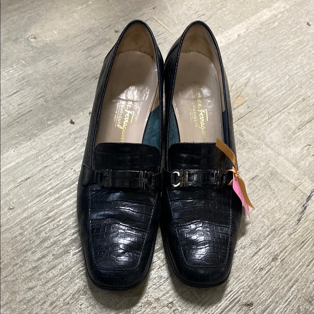 Salvatore Ferragamo Black Croc-Embossed Flats